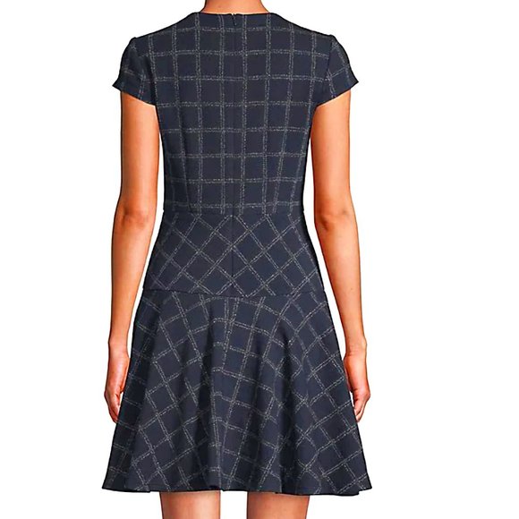NEW! Eliza J Windowpane Cotton Blend Fit-& Flare Navy blue Dress, size 6 - Picture 4 of 14